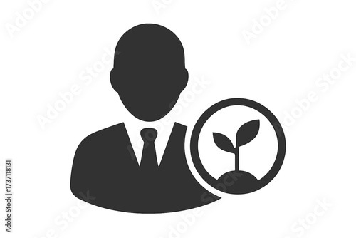 Business person with green growth icon, sustainable development concept, eco-friendly leadership, leaf symbol, corporate environmental responsibility, vector illustration for web design and app UI