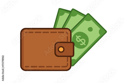 Wallet with money vector icon. Brown leather billfold with cash dollar banknotes. Flat design illustration for finance, payment, savings, income, and business concepts.