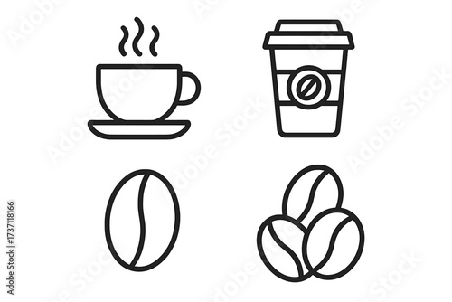 Coffee and caffeine line icon collection. Vector symbols for coffee shop, cafe, and beverage concepts. Set includes hot cup, takeaway paper mug, and coffee beans. Editable stroke.