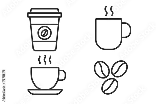 Coffee line icon set. Hot drink and beverage symbols. Includes takeaway cup, mug, espresso and coffee beans. Vector pictogram collection for cafe menu and coffeehouse.