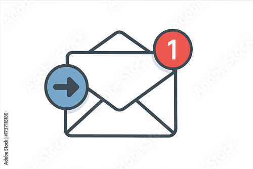 Email notification vector icon with one new incoming message. Envelope with counter badge and send arrow button. Mail delivery service. Spam or newsletter announcement concept.