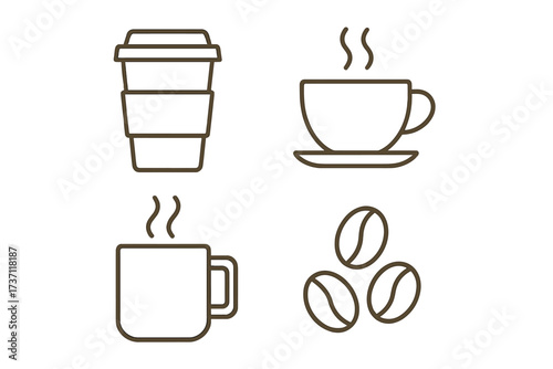 Coffee line icon set. Hot drink and beverage vector graphic collection. Includes paper to-go cup, mug, espresso cup and coffee beans. Minimalist outline symbols for cafe menu.