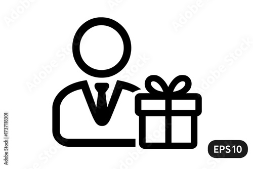 Customer reward program icon. User with gift box symbol. Man receiving a present or bonus for loyalty. Business promotion, special offer, and appreciation concept vector.