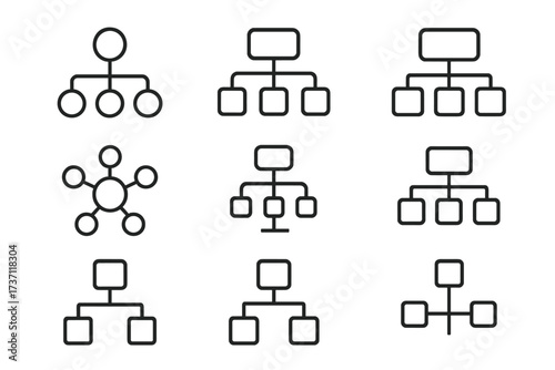 Mind map and hierarchy line icon set. Simple flowchart, org chart, and structure diagrams for business. Vector infographic elements. Network connection & process visualization.