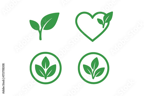 Set of vegan, organic, and bio food icons. Green leaf and heart symbols for healthy, natural, and vegetarian products. Raw food badges for cafe, restaurant, and product packaging.