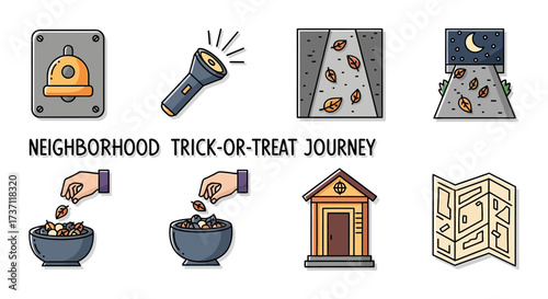 Neighborhood trick-or-treat journey Planning the route collecting sweets ringing doorbells for a fun and safe Halloween night adventure.