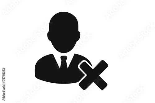 Block user icon. Delete profile, remove account, ban person concept. Businessman silhouette with forbidden, reject, cross mark. Fired employee symbol. Access denied. Vector.