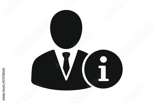 User information icon with business person avatar. Support, help desk, customer service concept. Profile, account details, user guide symbol for website, app UI. Vector illustration.