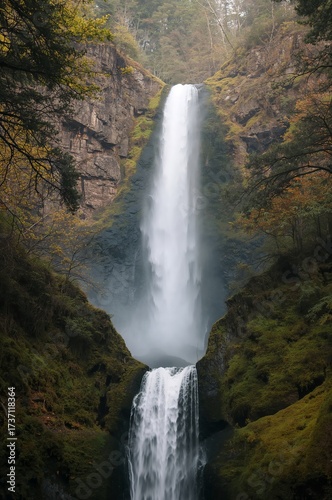 Waterfall in Nature's Embrace: A majestic waterfall cascades powerfully down a rugged cliff face, surrounded by lush greenery, evoking the raw beauty and tranquility of the natural world.