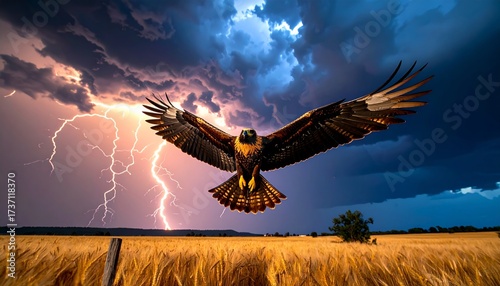 Majestic Eagle Soaring Above Golden Wheat Field with Dramatic Lightning Sky