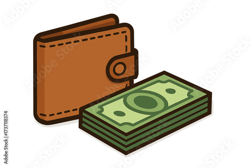 Wallet with money cash heap vector icon. Financial concept of savings, wealth, and payment. Currency banknotes for budget, income, and investment illustration. Flat design.