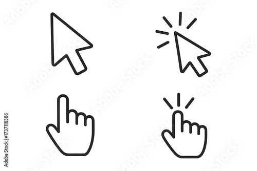 Cursor line icon set. Click pointer arrow and hand gestures collection. Vector illustration for web, UI, UX design. Editable stroke outline symbols for website, app interface.