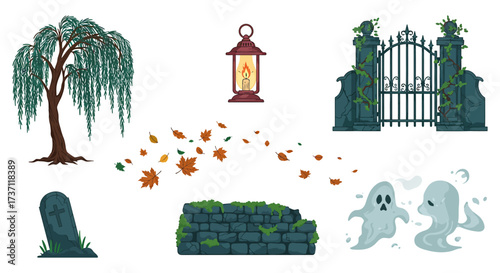 spooky graveyard scene with ghosts a tombstone and a haunted gate perfect for halloween invitations and seasonal backgrounds.