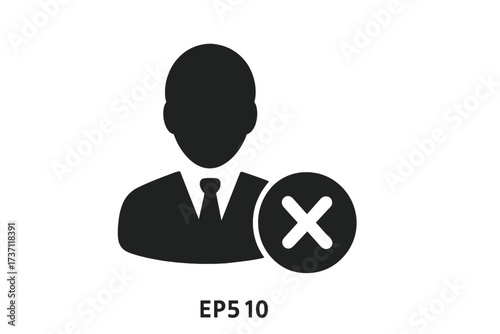 Delete user icon. Remove contact or block user symbol. Concept of banning account, profile rejection, access denied. Flat vector for web, UI. Businessman silhouette with cross.