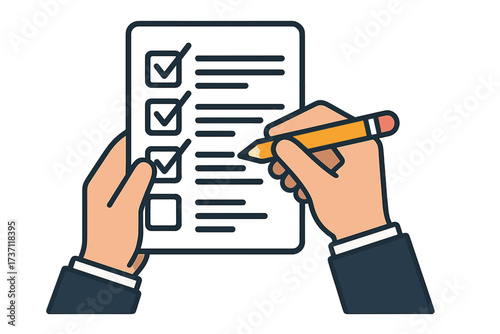 Hand with pencil completing a checklist on clipboard. To-do list, survey, exam, or feedback form. Business task management, goal achievement, productivity, and success concept.