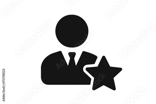 Favorite user with star icon. VIP member symbol. Business person avatar. Staff favorite concept. Best employee recognition. Customer rating & feedback. Flat glyph for website.