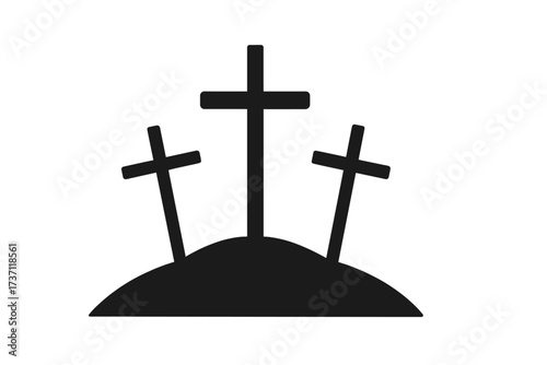 Three crosses on Calvary hill silhouette. Christian symbol of crucifixion of Jesus Christ. Biblical scene of salvation and sacrifice. Good Friday and Easter concept. Religious faith icon.