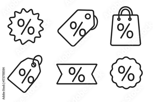 Simple percent icon collection symbolizing sale, discount, and special offers. Set includes vector price tags, shopping bag, and promotional labels. Editable stroke line art.
