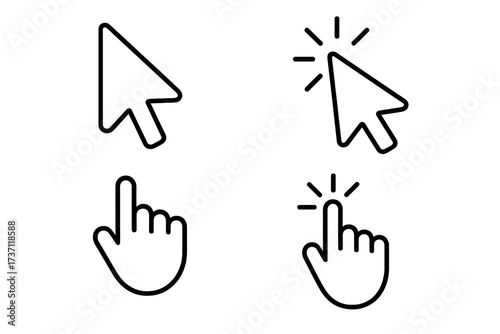 Cursor and hand pointer line icon set. Click arrow and finger press symbols. Vector outline collection for web design, user interface (UI), and user experience (UX) concept.