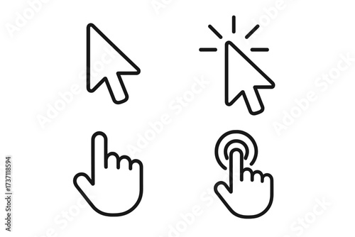 Cursor icon set. Hand and arrow pointers for click and tap actions. Computer mouse symbols collection. UI UX web design elements. Vector line art with editable stroke.