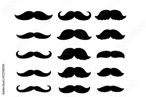 Set of black mustache silhouettes. Vector collection of various men's facial hair icons. Hipster, gentleman and retro styles for barbershop. Movember concept illustration.