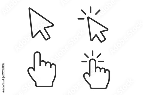 Cursor line icon set with hand pointer and click effect, editable stroke vector illustration for infographics, digital design, apps, websites, articles, banners, and flyers