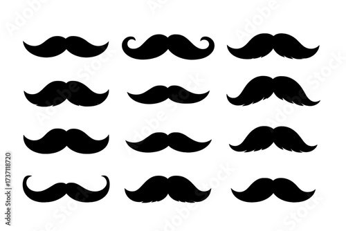 Set of black mustache silhouettes. Vector icon collection of various man facial hair styles. Hipster, retro, and gentleman moustaches for barbershop branding or party props.