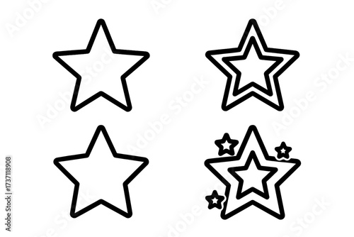 Star icon set. Black outline symbol collection. Editable stroke vector graphics. Concept of rating, favorite, quality, success, achievement, award, and five star review.
