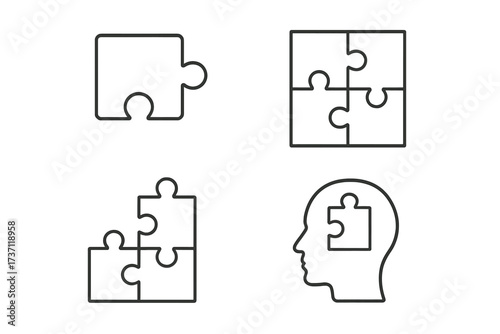 Puzzle outline icon collection. Jigsaw for teamwork, problem solving, solution, and strategy. Psychology, mental health, logic concept. Head with puzzle piece for mind, autism.