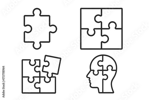 Puzzle outline icon set. Jigsaw piece for teamwork, connection, solution. Head silhouette for mental health, psychology, logic, and problem solving concepts. Editable stroke.