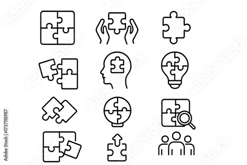 Puzzle outline icon collection with editable stroke, perfect for infographics, articles, books, flyers, banners, and presentations, vector cartoon illustration set of puzzle pieces and concepts