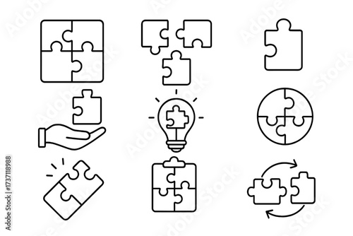 Puzzle outline icons collection with editable stroke, perfect for infographics, articles, books, flyers, banners, vector cartoon illustration with transparent background, creative teamwork concept