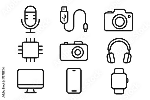 Microphone, USB cable, camera, chip, headphones, computer, smartphone, smartwatch outline icons collection. Editable stroke technology vector set for infographics, articles, banners, flyers