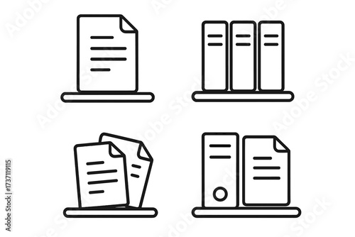 Shelved documents outline icon set, editable stroke vector symbols for infographics, articles, books, flyers, banners, office files, papers, document management, organization