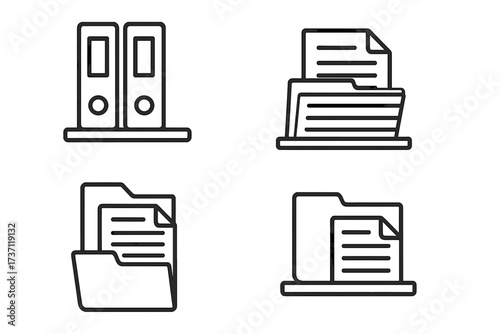 Shelved documents line icon collection, editable stroke vector illustration for office organization, file folders, binders, paperwork, infographics, articles, banners, flyers design elements