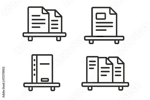 Shelved documents outline icon collection, editable stroke, vector set of files, papers, folders on shelves, for infographics, articles, books, flyers, banners, design elements