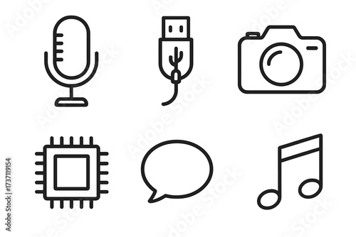 Microphone, USB cable, camera, chip, speech bubble, and music note line icons collection. Editable stroke technology symbols for infographics, articles, flyers, banners, vector cartoon set.