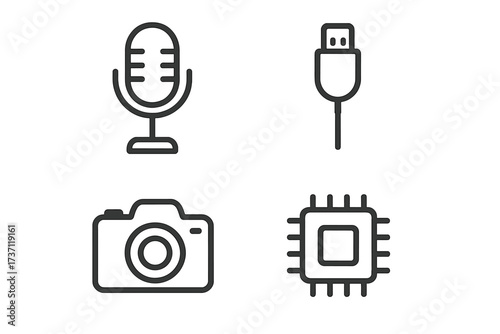 Microphone, USB cable, Camera, Chip related line icon collection, editable stroke vector set for infographics, technology articles, flyers, banners, digital device symbols
