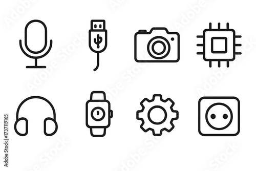 Microphone USB cable camera chip technology icons collection. Editable stroke line art. Modern digital device symbols. Perfect for infographics, articles, books, flyers, banners, vector cartoon set