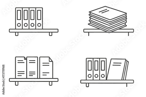 Shelved documents outline collection. Editable stroke vectors perfect for infographics, articles, books, flyers, banners. Office files, paperwork, folders, paper stacks, line art illustration.