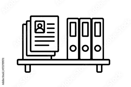Shelved documents outline vector illustration with folders and files, editable stroke for infographics, articles, books, flyers, banners, office organization, archive storage design
