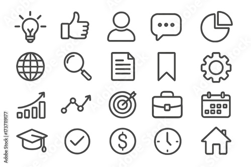 Outline icon collection with editable stroke for infographics, articles, books, flyers, banners, presentations, maps, charts, target, business and education vector set with transparent background