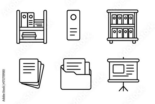 Shelved documents outline collection with binders, folders, papers, presentation board, editable stroke vector cartoon illustration for infographics, articles, business, communication