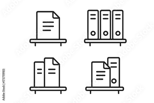 Shelved documents outline collection with files and folders. Editable vector icons for infographics, articles, books, flyers, banners. Office organization and document management concept