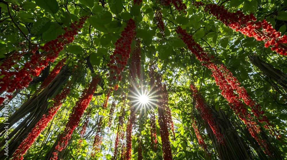 Obraz premium Tree canopy filled with hanging red blossoms and bright green leaves filtering sun 