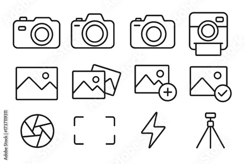 Photo camera and image line icon collection with editable stroke, perfect for infographics, articles, books, flyers, banners, vector cartoon illustration set of photography symbols