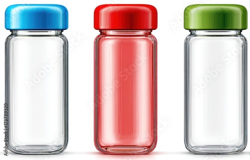 Three transparent, cylindrical vials with colorful lids, each reflecting light in a row