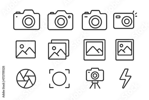 Photo camera and image icon set collection with editable stroke illustration, vector line art design for infographics, articles, flyers, banners, books, digital media use