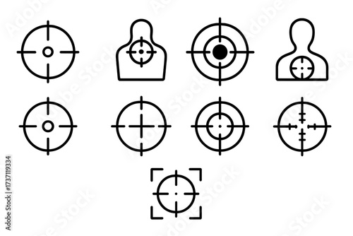 Sniper target and aiming icons collection, precision crosshair symbols, shooting accuracy design elements, editable stroke vector set for infographics, military, hunting, and marksmanship