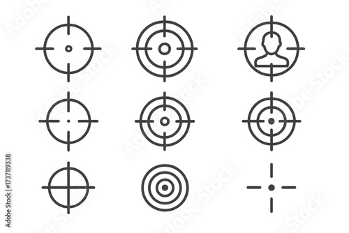 Sniper target and aim icons collection, editable stroke vector set with bullseye, crosshair, and person focus symbols, perfect for infographics, articles, banners, and flyers design